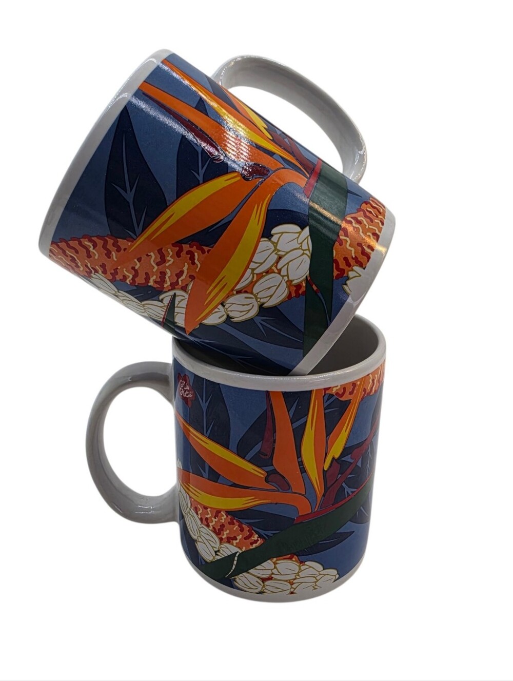 2 VTG Hilo Hattie Hawaiian Orange Hibiscus Flower 12oz Ceramic Mug 1990s Hawaii